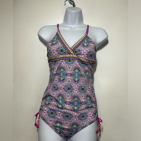 Cabana Life Girls Pink and Blue Paisley One-Piece Tassels Swimsuit 50+ UV Sz 12 - Picture 4 of 10